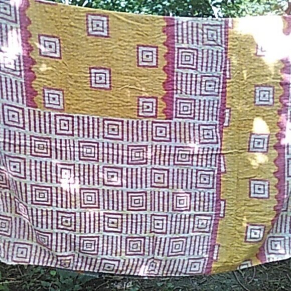 Kantha Quilt Gray/Orange Fall Leaves 56" x 84" Cotton Handmade In India K11. - Picture 4 of 5